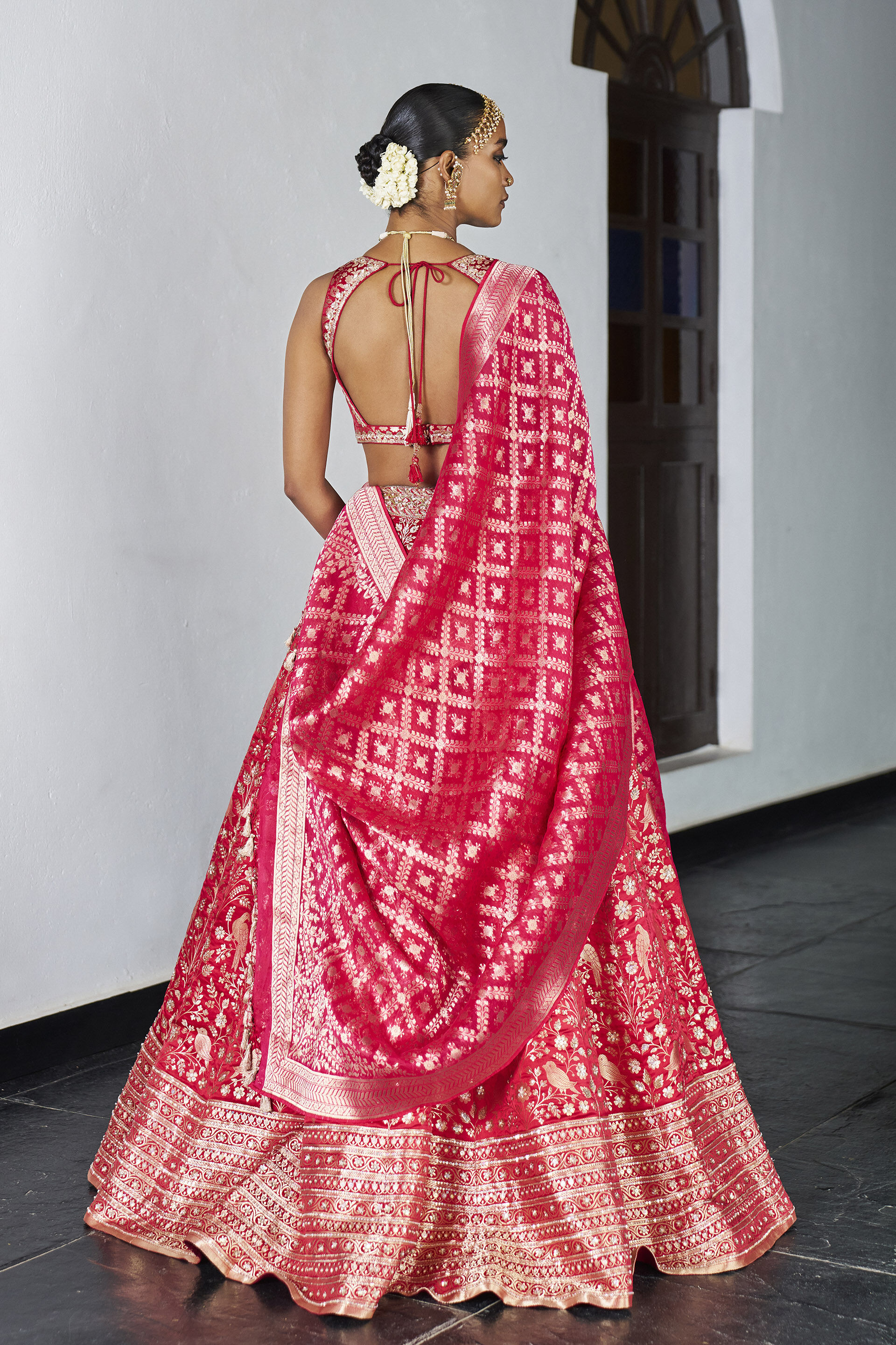 Ishtam Handwoven Benarasi Silk Lehenga Set - Red